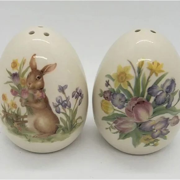 Floral Rabbit Ceramic Easter Salt & Pepper Shaker Set - Picture 3 of 8